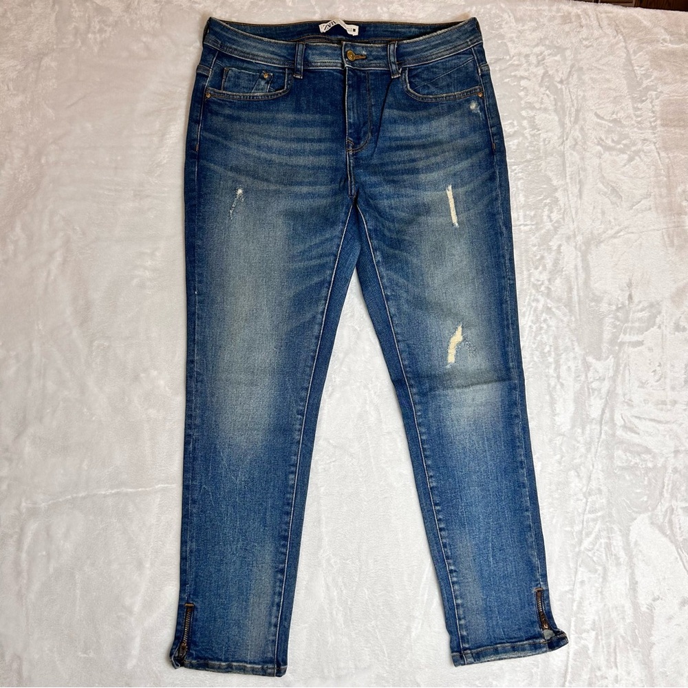 Zara Jeans Denim Ankle Zipper Distressed Jeans Size 12 Stretch Straight Leg